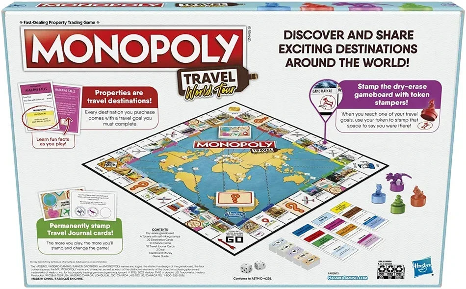 Monopoly World Tour Adventure Family Party Game with Token Stampers